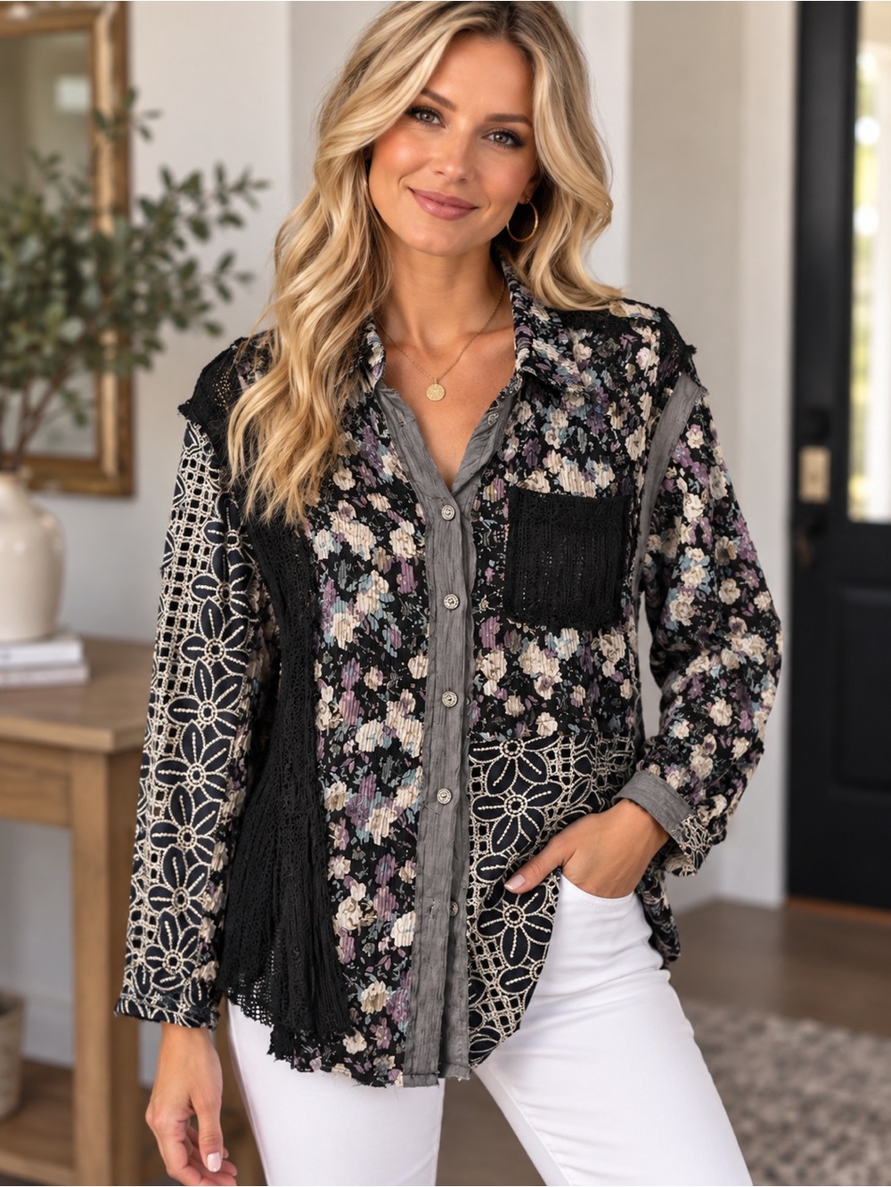 POL Mixed Floral & Lace Patchwork Button-Down Shirt - Black Multi